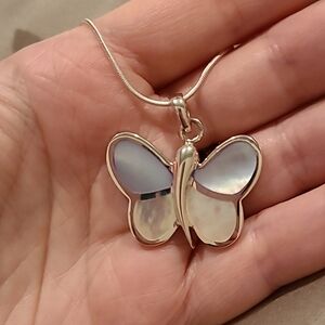 Mother of pearl butterfly sterling silver necklace